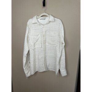 MNML‎ Womens white tan blouse medium long sleeve polyester collared button up